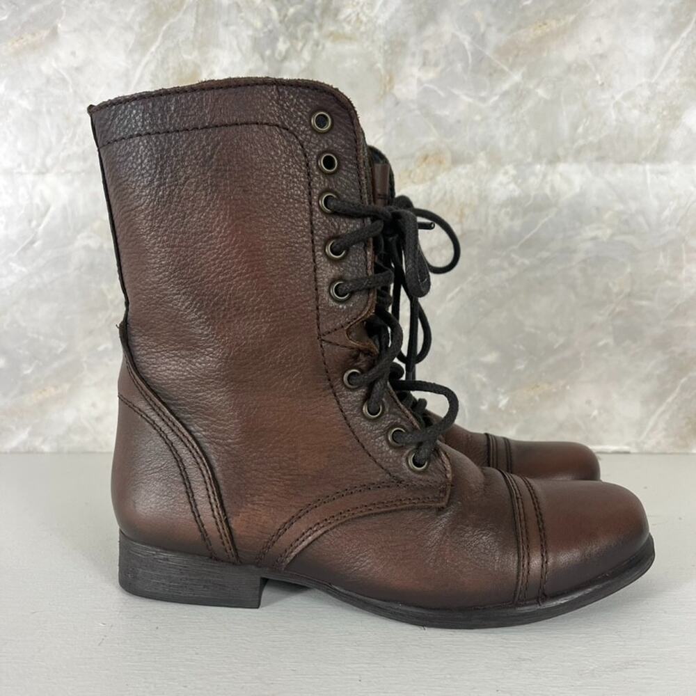 Steve Madden Troopa Boots Womens 8 M Leather Combat Lace-Up Side Zip Cap Toe